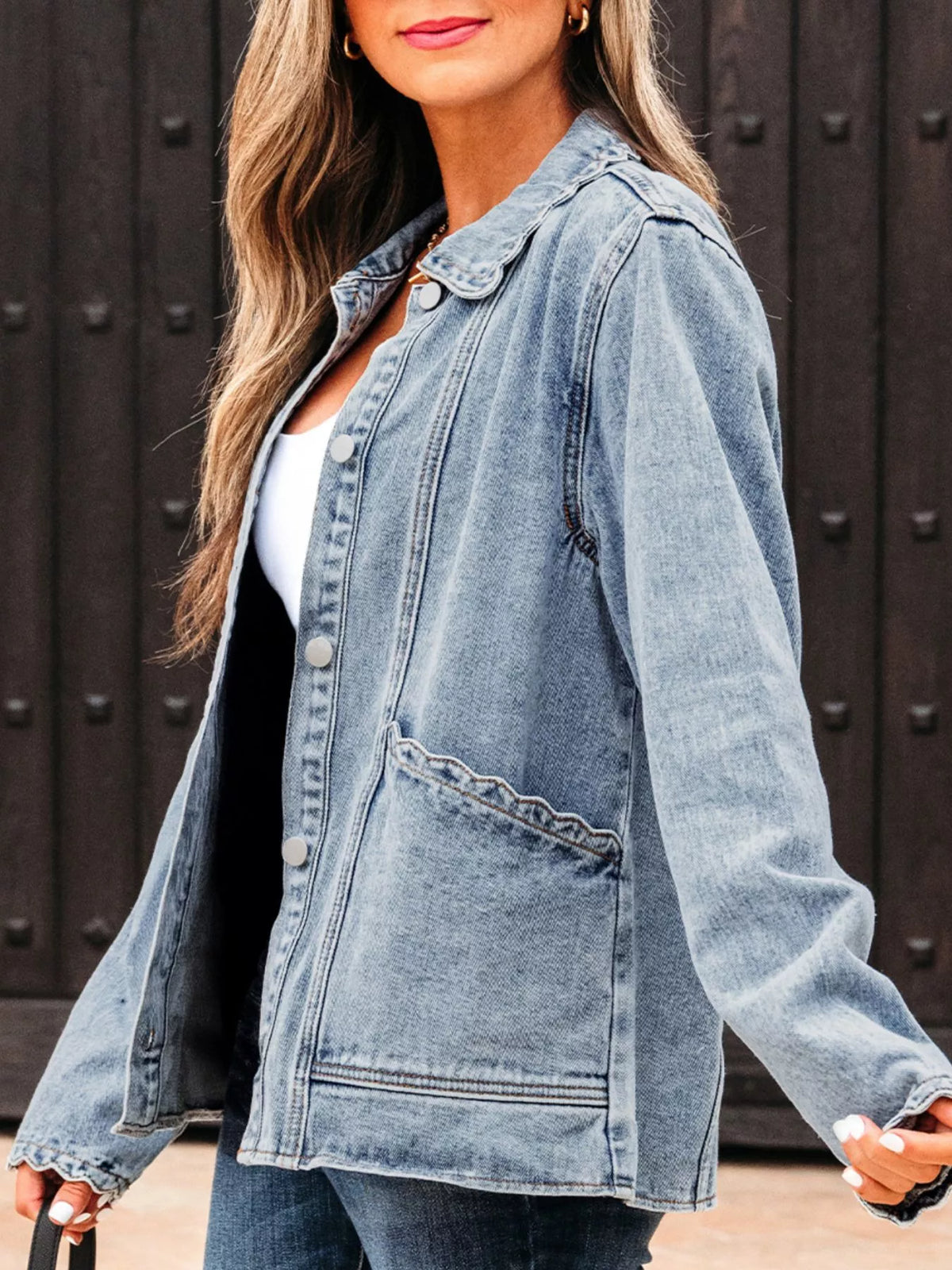 Scallop Trim Collar Patched Pocket Button Up Denim Jacket