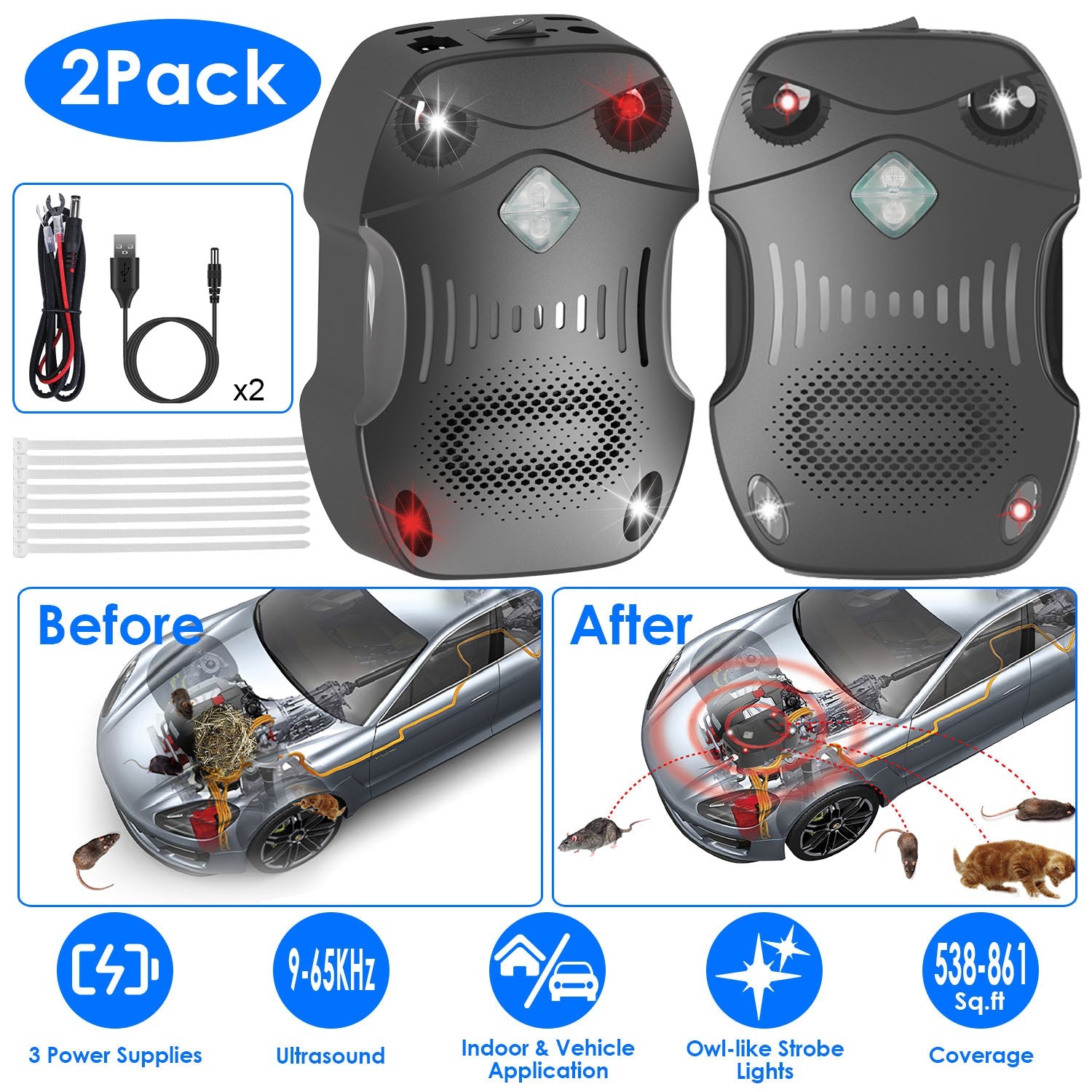Under Hood Ultrasonic Rodent Repeller for Vehicle 2 Pack