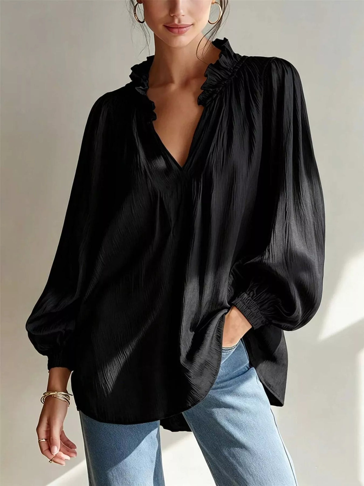 Ruffle Trim Long Sleeves Blouse