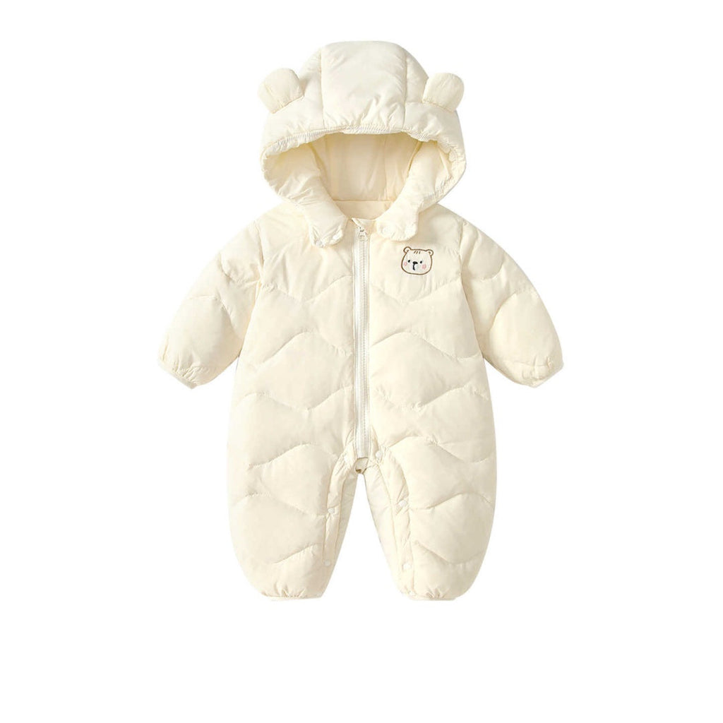 Baby Solid Color Cartoon Print Hooded Down Jumpsuit