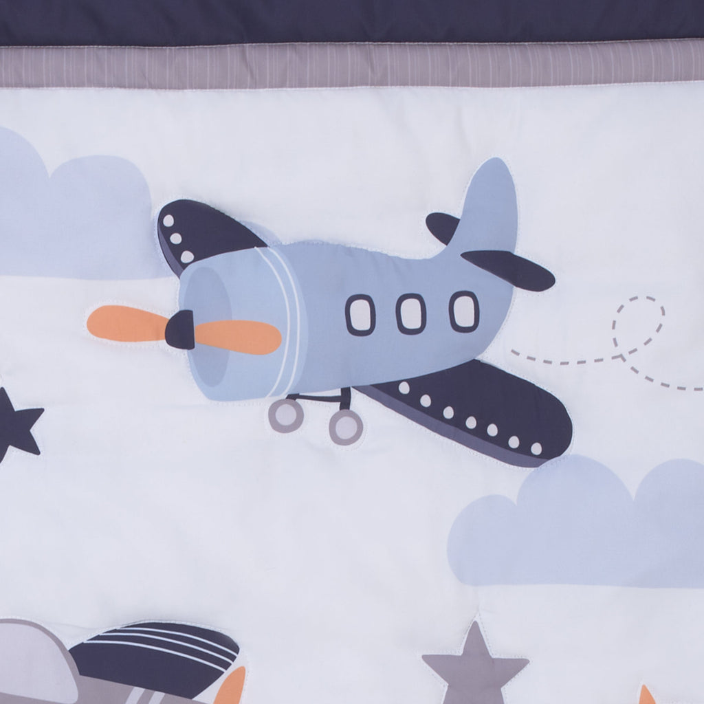 Soar High Little One Navy, Light Blue, Orange, and White Airplanes, Clouds, and Stars 3 Piece Nursery Mini Crib Bedding Set - Comforter, and Two Fitted Mini Crib Sheets