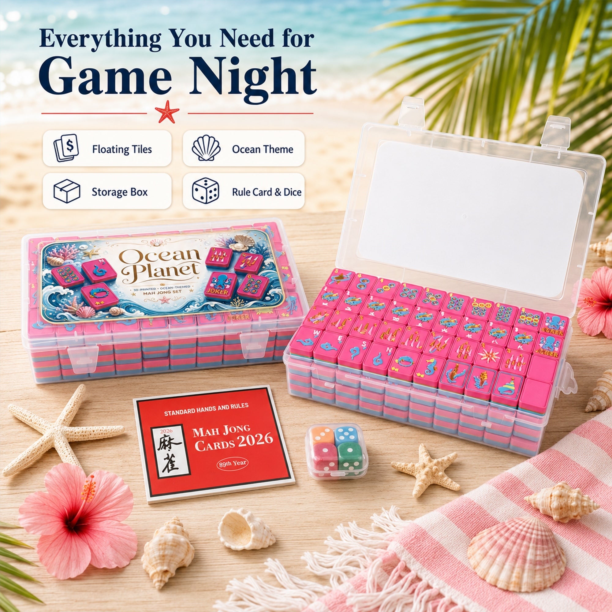 160PCS Floating American Mahjong Set Ocean Theme, Acrylic Mahjong Tiles With Storage Box, Dice And Rule Cards For Pool Party Travel Game Night