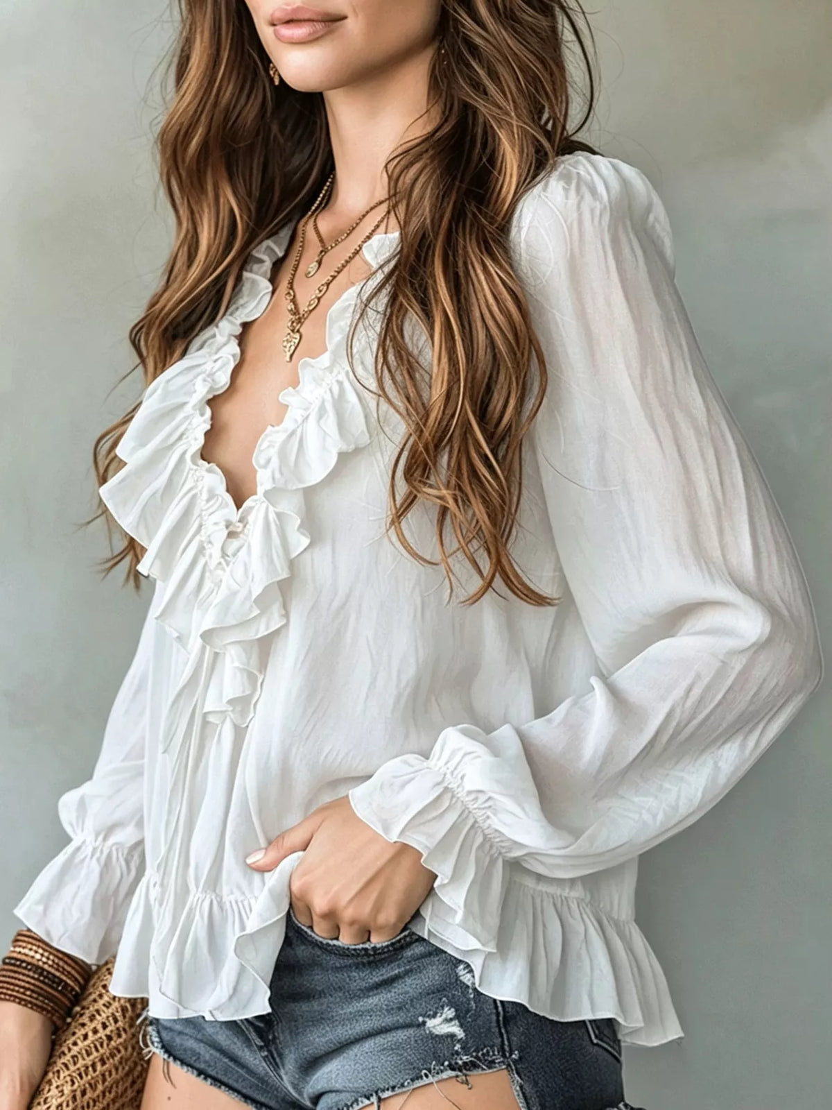 Ruffle V-Neck Long Sleeve Blouse