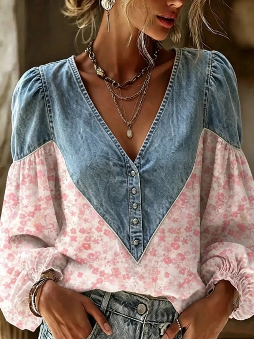 Full Size Denim Patchwork Floral Denim Top Plus Size