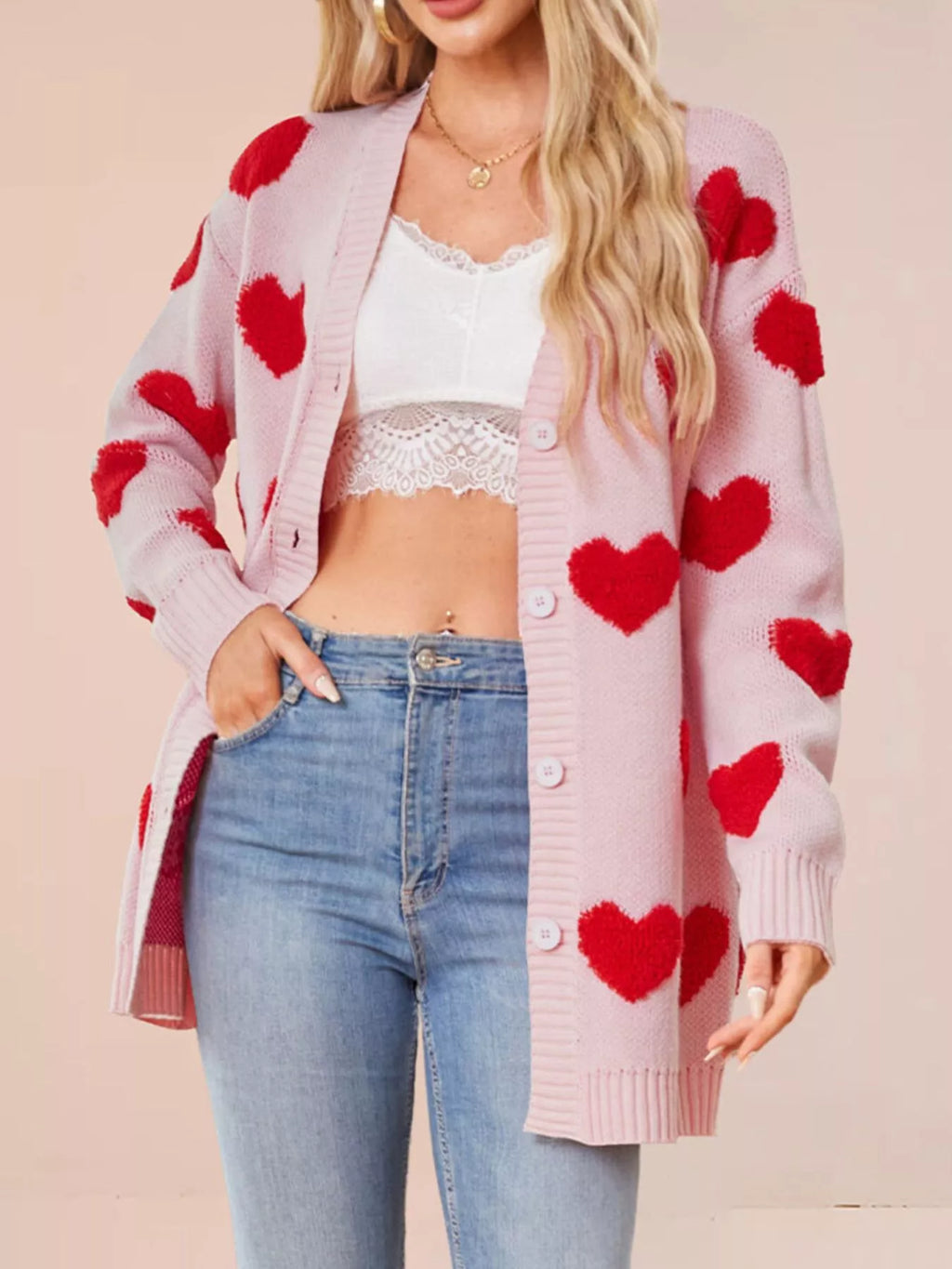 Heart Pattern V-Neck Button-Down Knit Cardigan