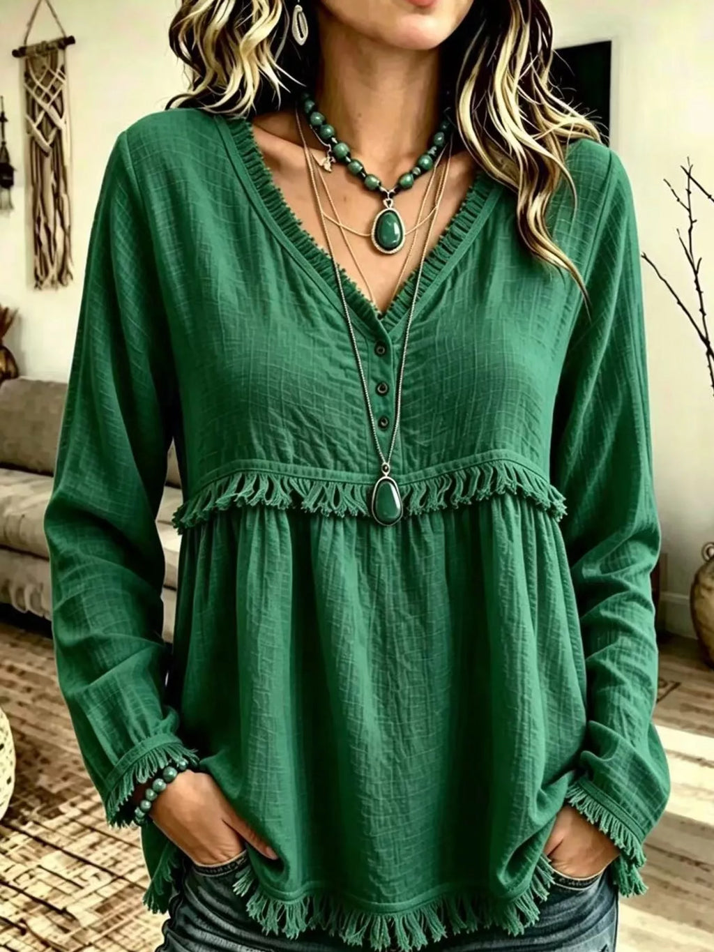 Full Size Fringed Trim V-Neck Long Sleeve Blouse Plus Size