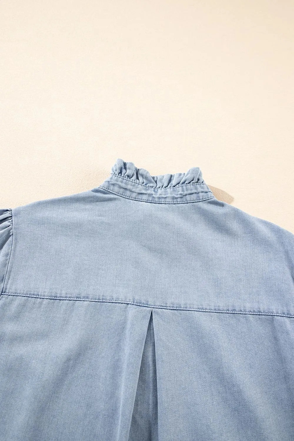 Ruffle Short Puff Sleeve Button Down Denim Shirt