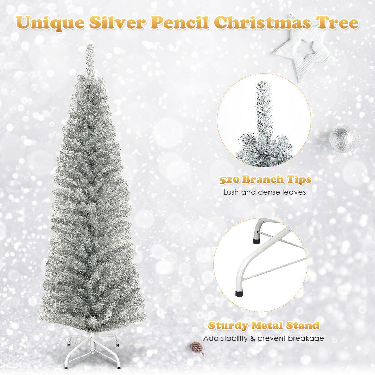 6 Feet Tinsel Tree Unlit Slim Pencil Christmas Tree