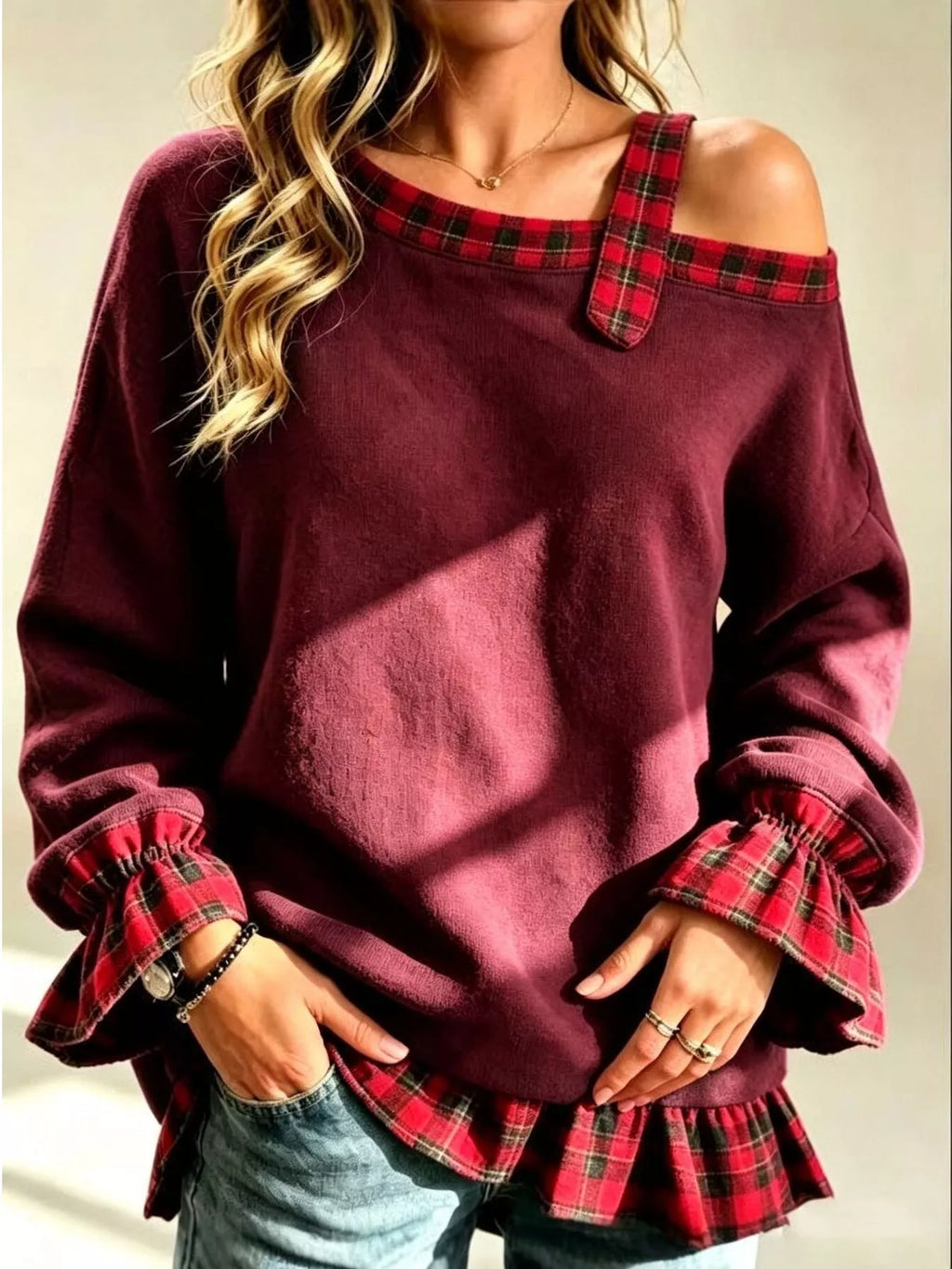 Full Size Cold-Shoulder Plaid Patchwork Long Sleeve Top Plus Size