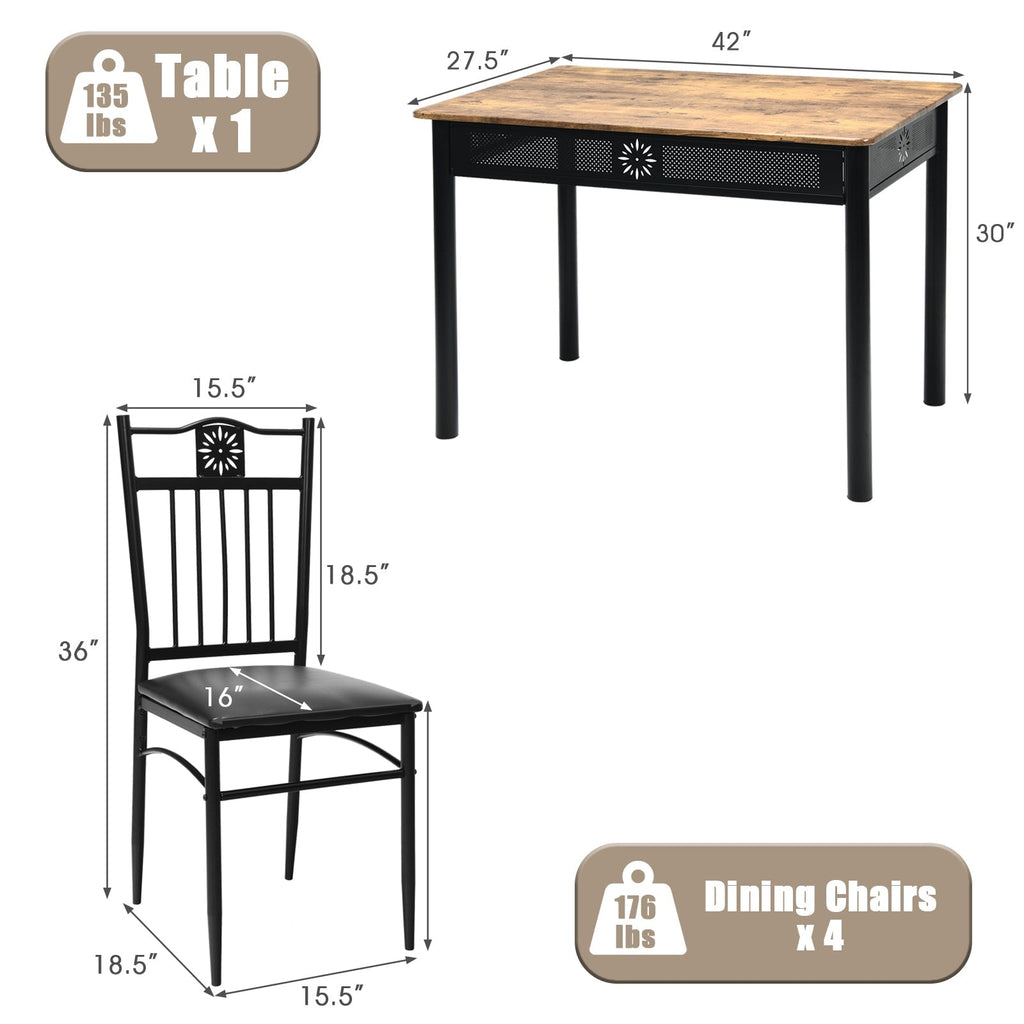 5 Pcs Dining Set Wood Metal Table and 4 Chairs with Cushions