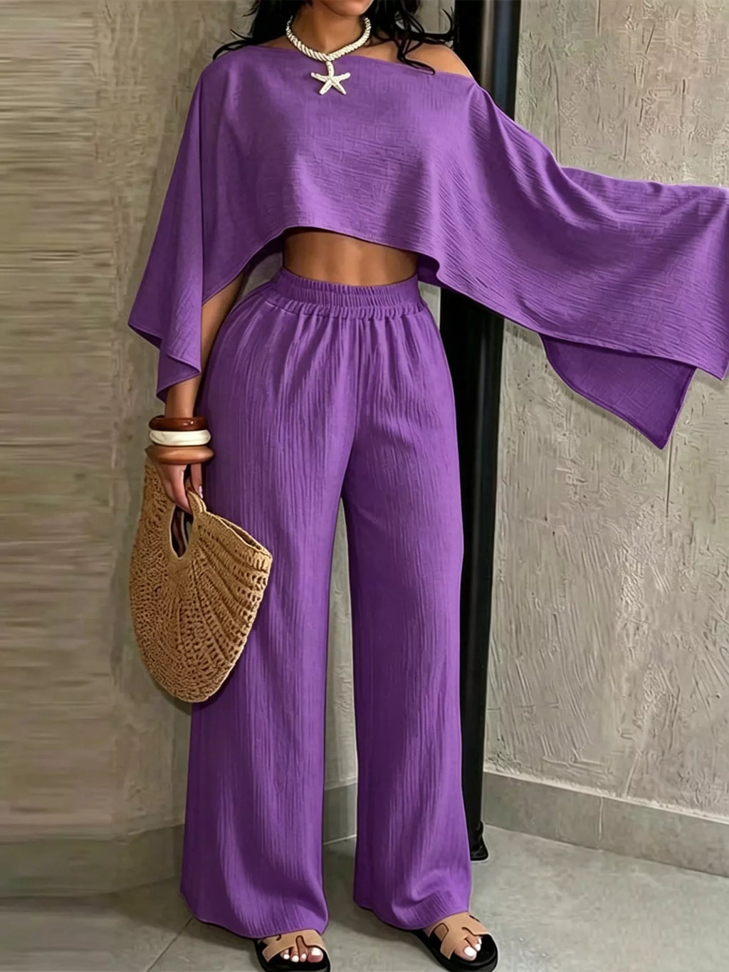 Boat Neck Crop Top and Wide-Leg Pants Set