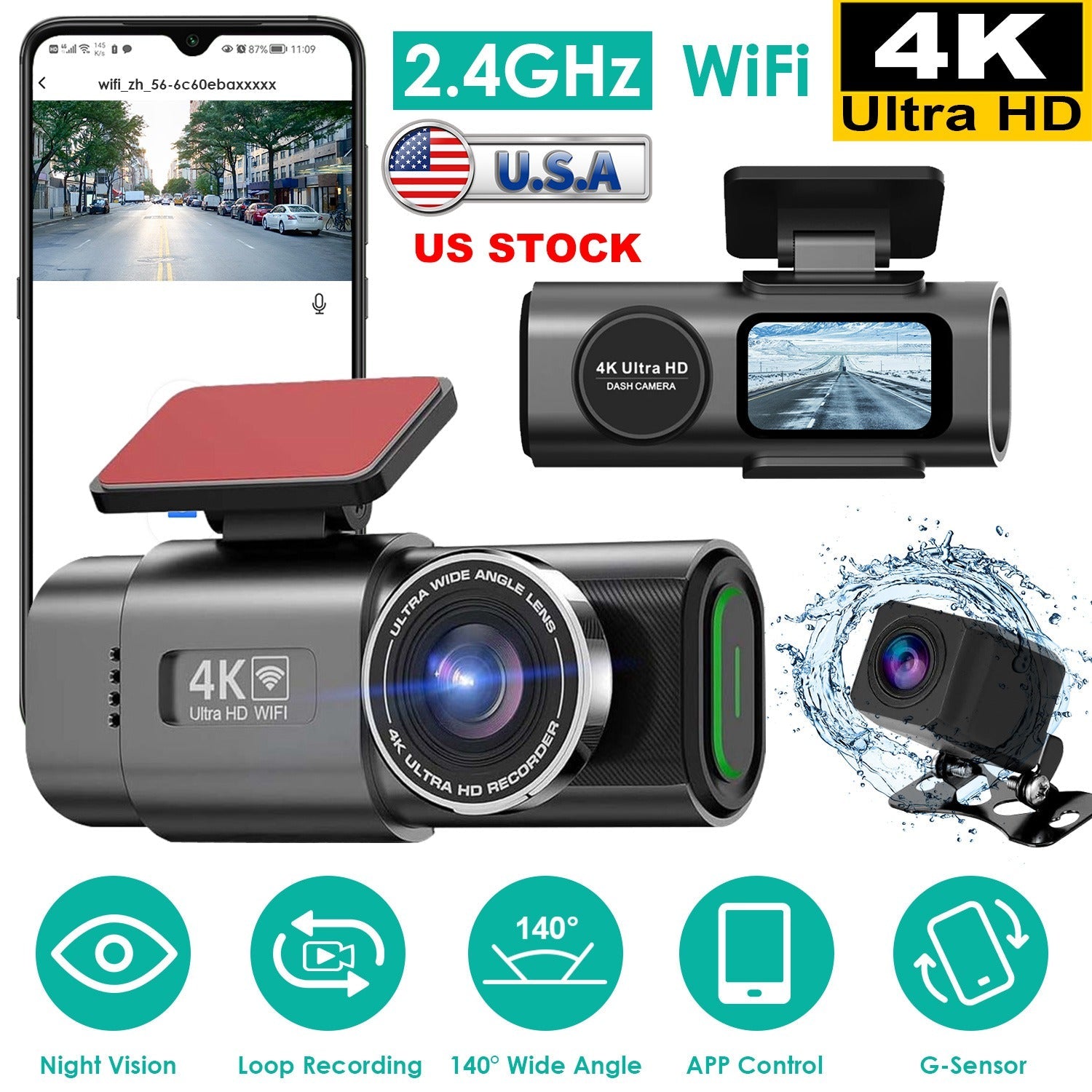 Dual Channel Car Dash Cam with Front 4K & Rear 1080P