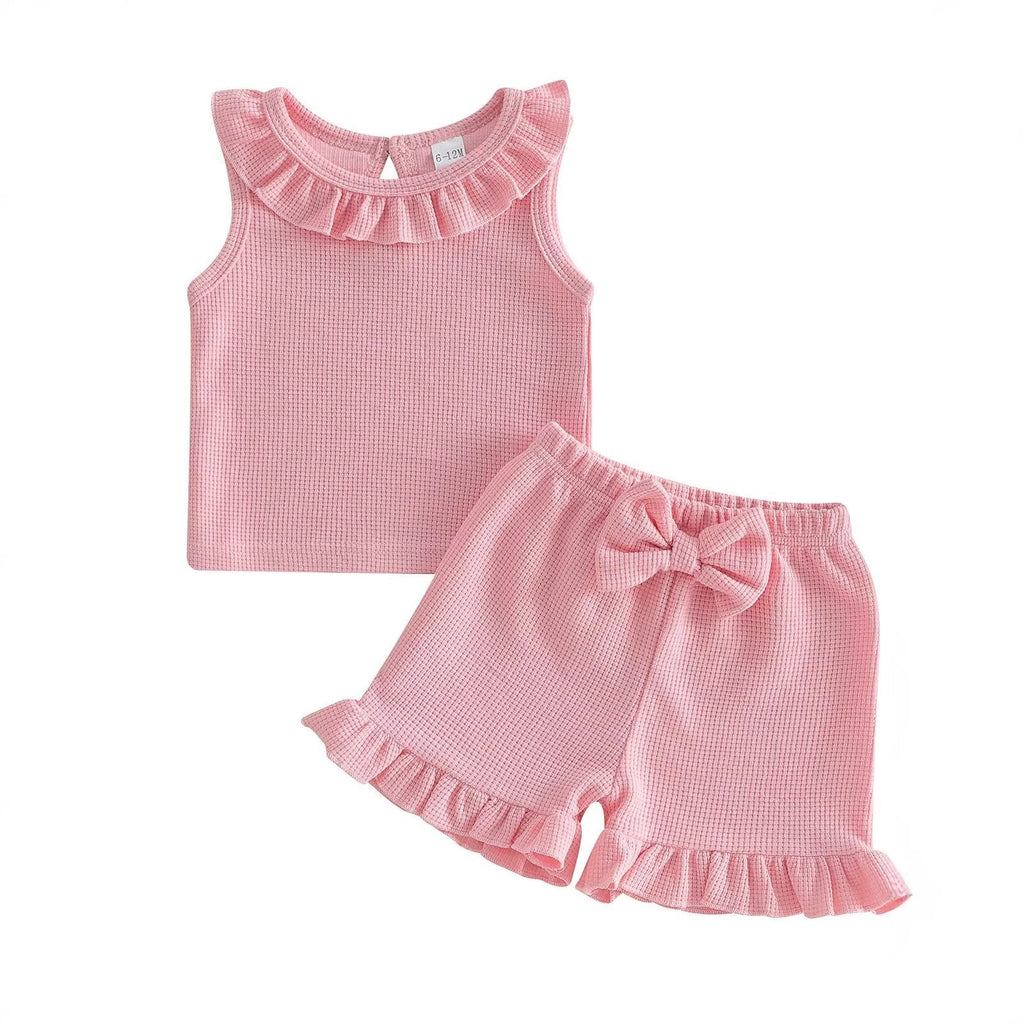 Solid-color Top Waffle-knit Shorts Set