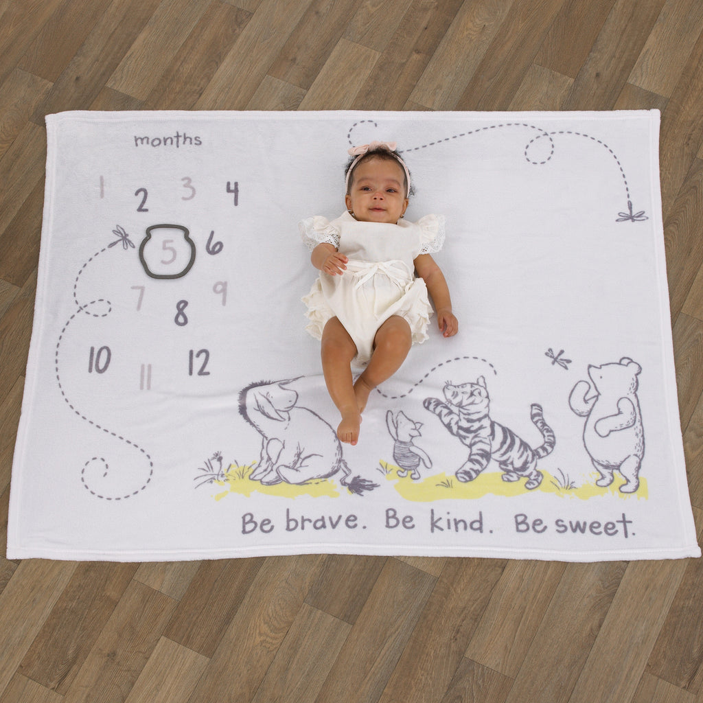 Disney Classic Winnie The Pooh, White, Grey and Lime Super Soft Milestone Baby Blanket