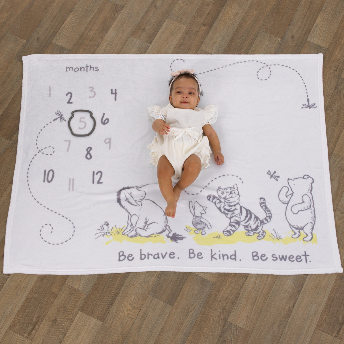 Disney Classic Winnie The Pooh, White, Grey and Lime Super Soft Milestone Baby Blanket