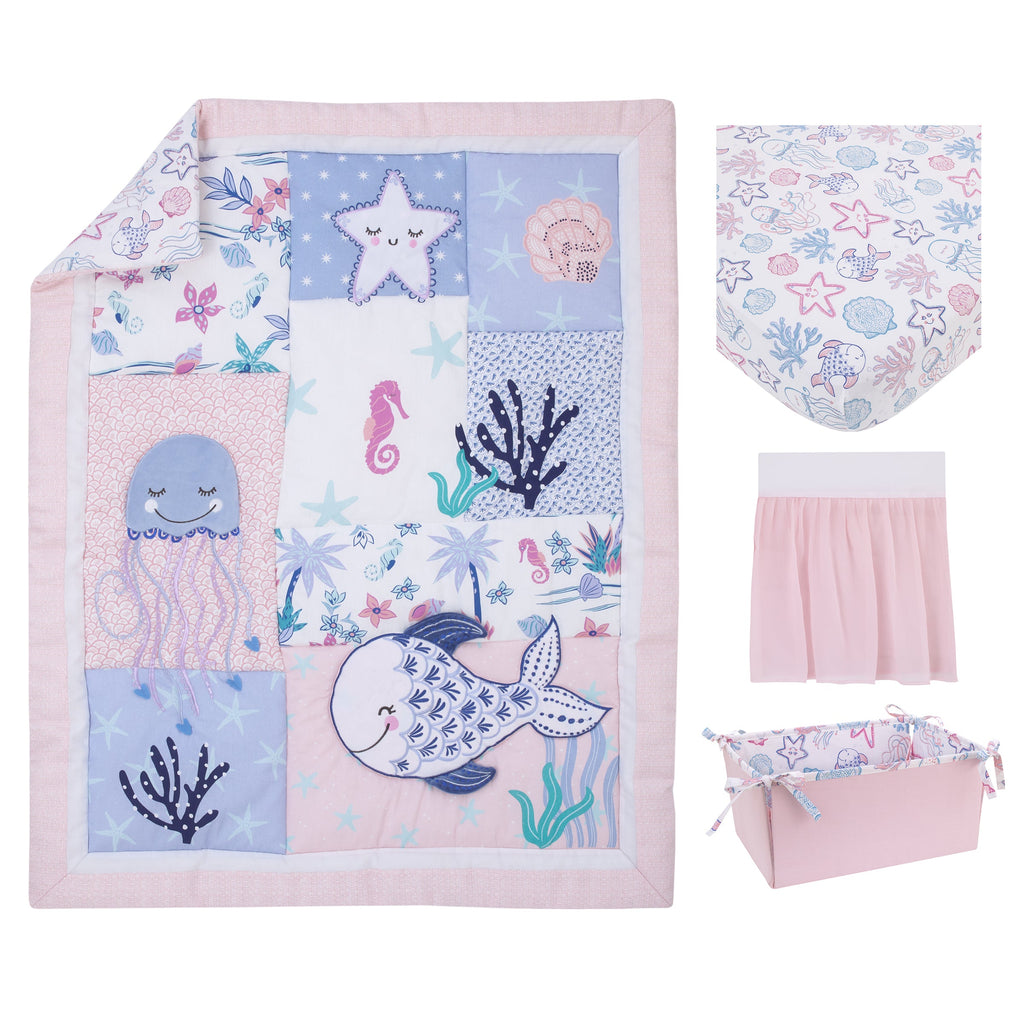 Mermaid Lagoon Pink, Blue and White Undersea Friends, Fish, Coral, Jellyfish and Starfish 4 Piece Nursery Crib Bedding Set - Comforter, 100% Cotton Fitted Crib Sheet, Crib Skirt, and Storage Caddy