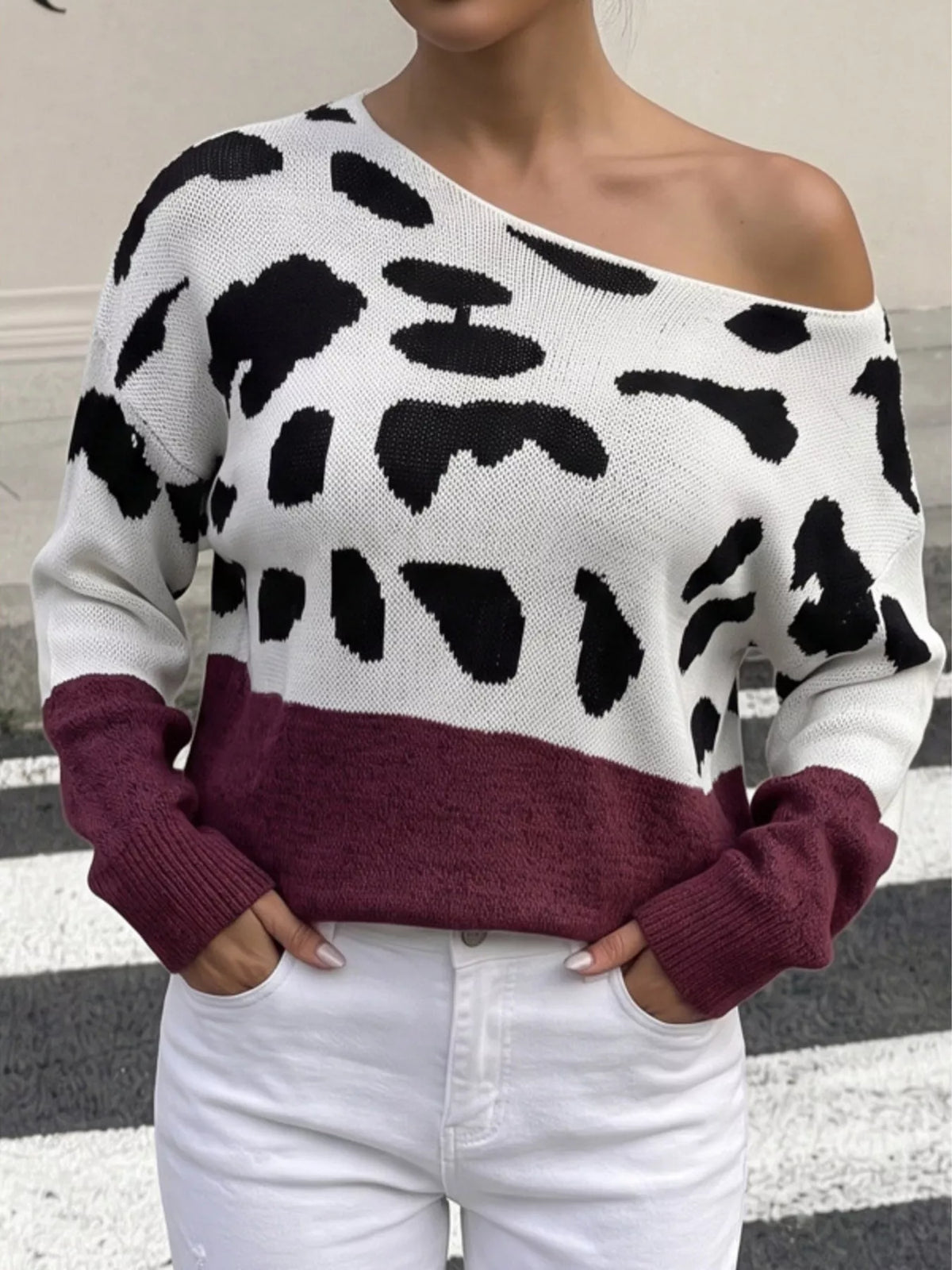 Full Size Leopard One Shoulder Sweater Plus Size