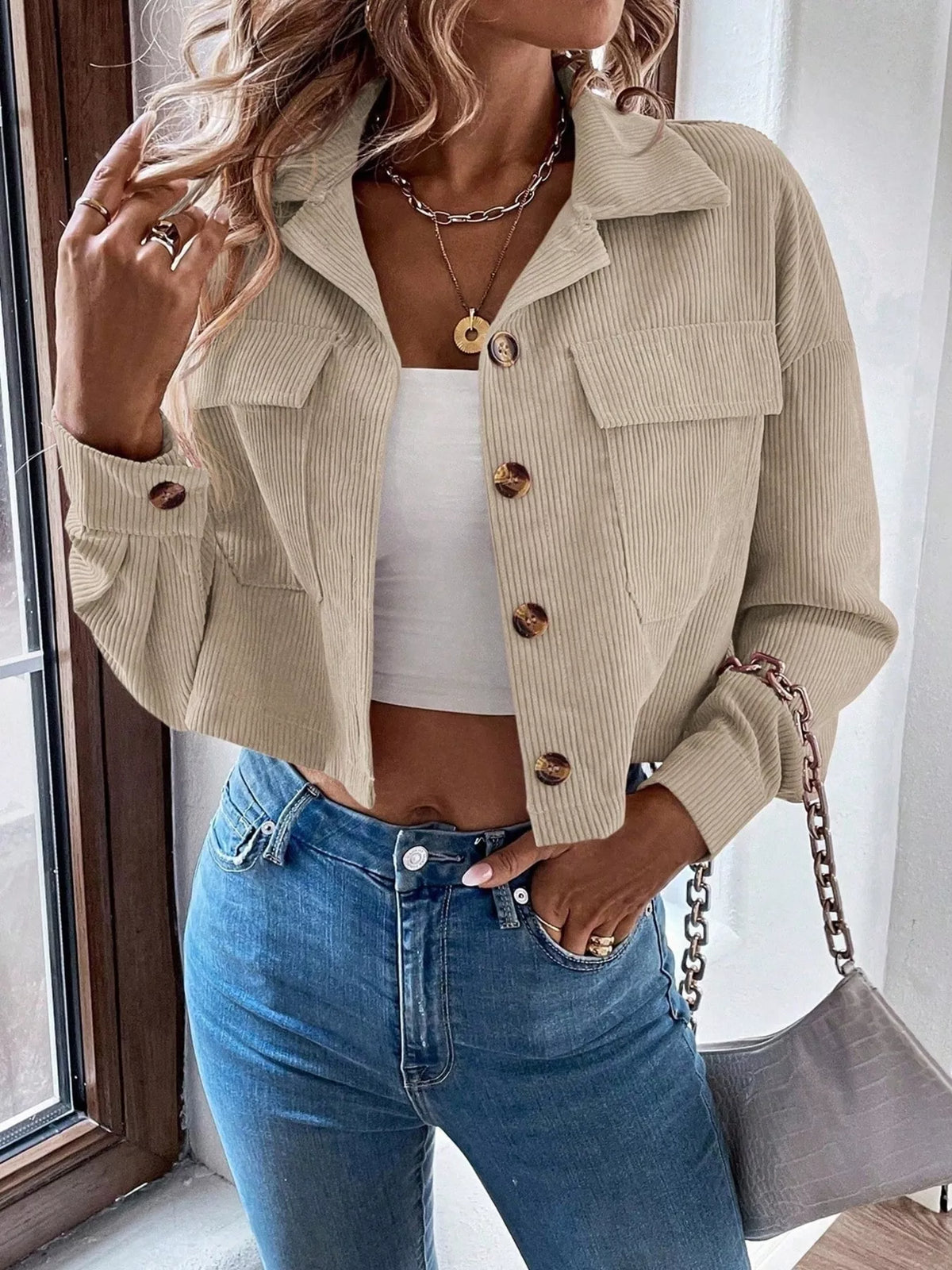 Cropped Corduroy Button-Down Jacket