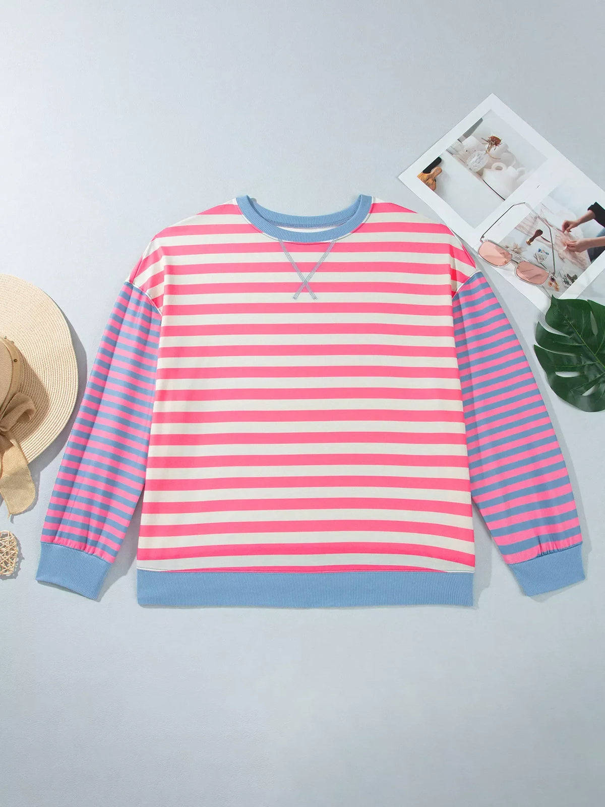 Plus Size Color Block Striped Crewneck Long Sleeve Shift Tunic Sweatshirt