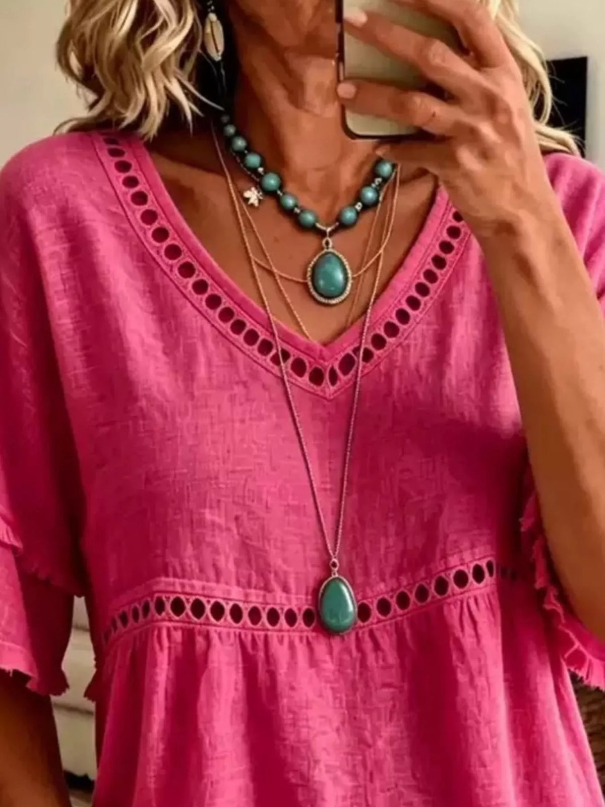 Eyelet V-Neck Frayed Edge T-Shirt