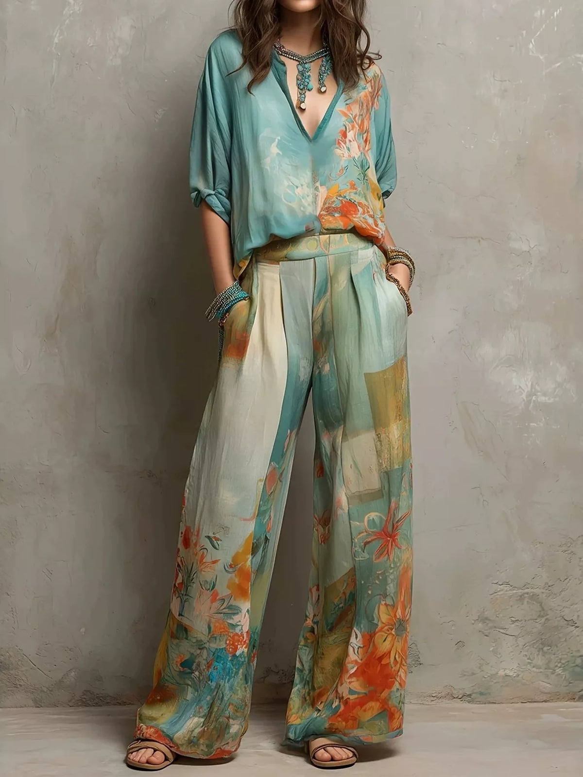 Full Size Floral Print Blouse and Wide-Leg Pants Set Plus Size