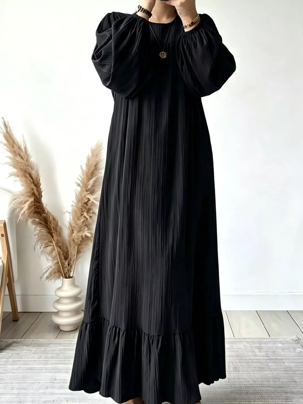 Full Size Textured Puff-Sleeve Maxi Dress Plus Size