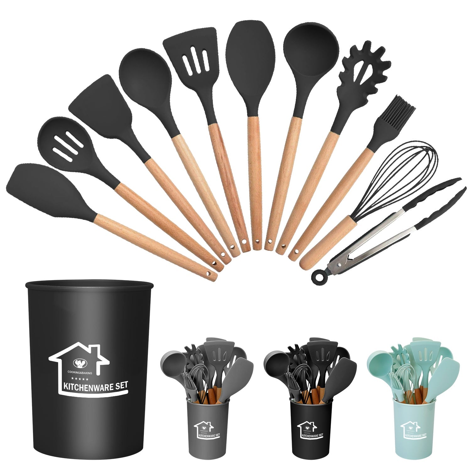 Silicone Kitchen Utensil Set: Heat-Resistant Wooden Handles