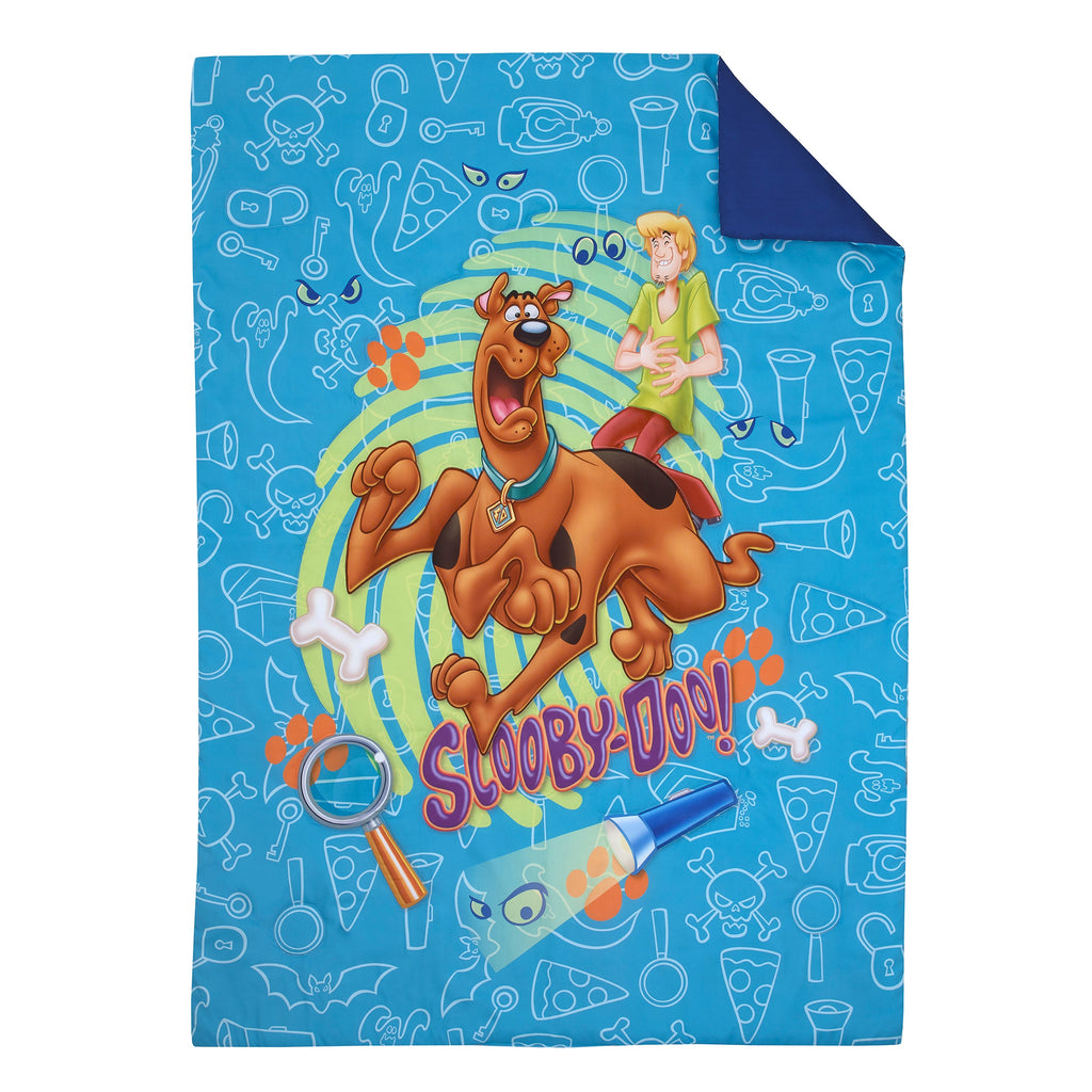 Warner Bros  Scooby Doo - Scooby Dooby Doo Blue, Green, Brown and Orange 4 Piece Toddler Bed Set - Comforter, Fitted Bottom Sheet, Flat Top Sheet, and Reversible Pillowcase