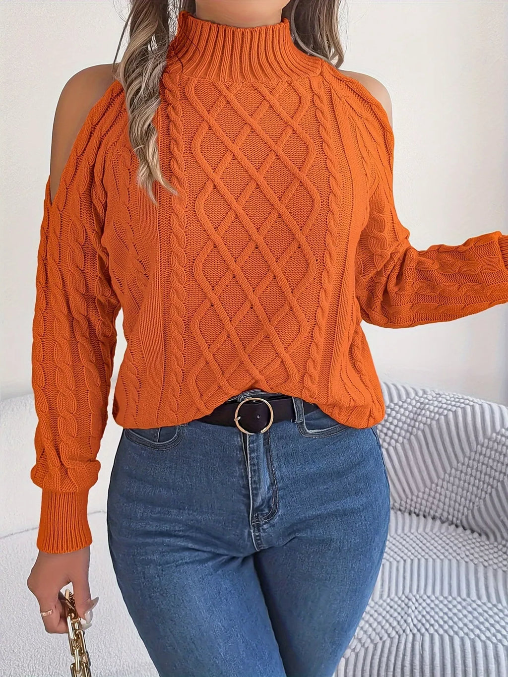 Cold-Shoulder Cable Knit Sweater