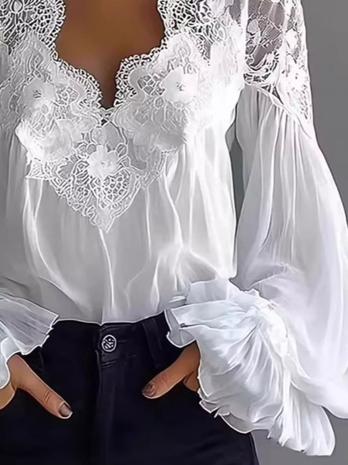 Full Size Lace V-Neck Flounce Sleeve Blouse Plus Size