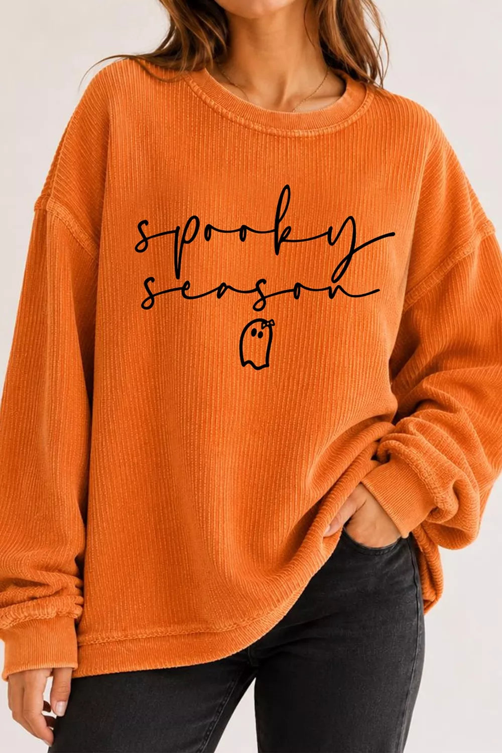 Spooky Season Ghost Letter Cozy Ribbed Pullover Sweatshirt