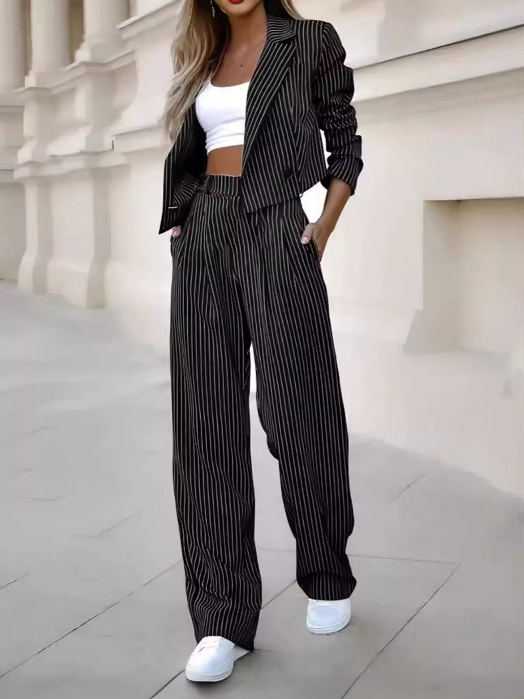 Striped Cropped Blazer and Wide-Leg Pants Two-Piece Set
