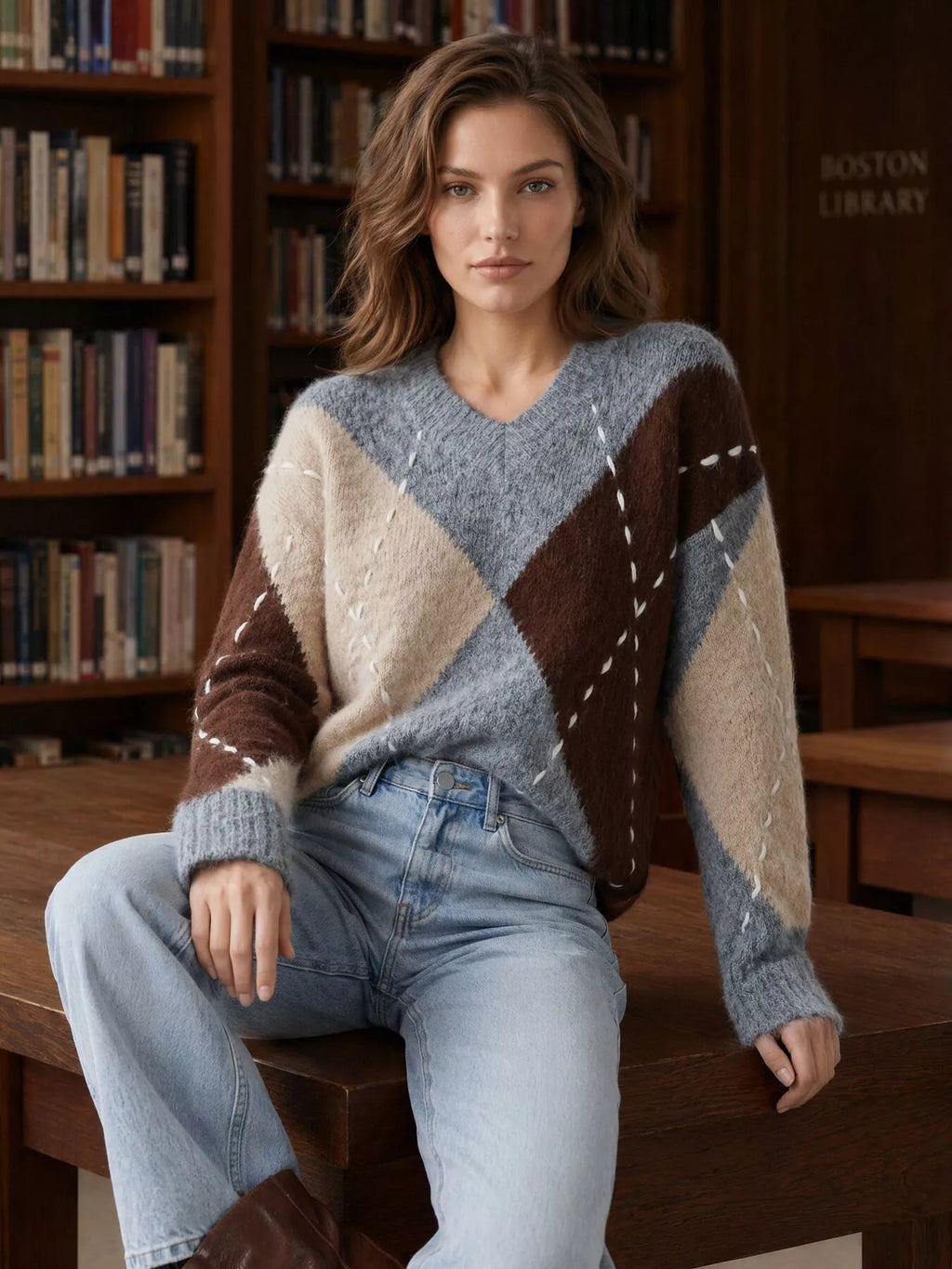Argyle Pattern V-Neck Oversized Sweater