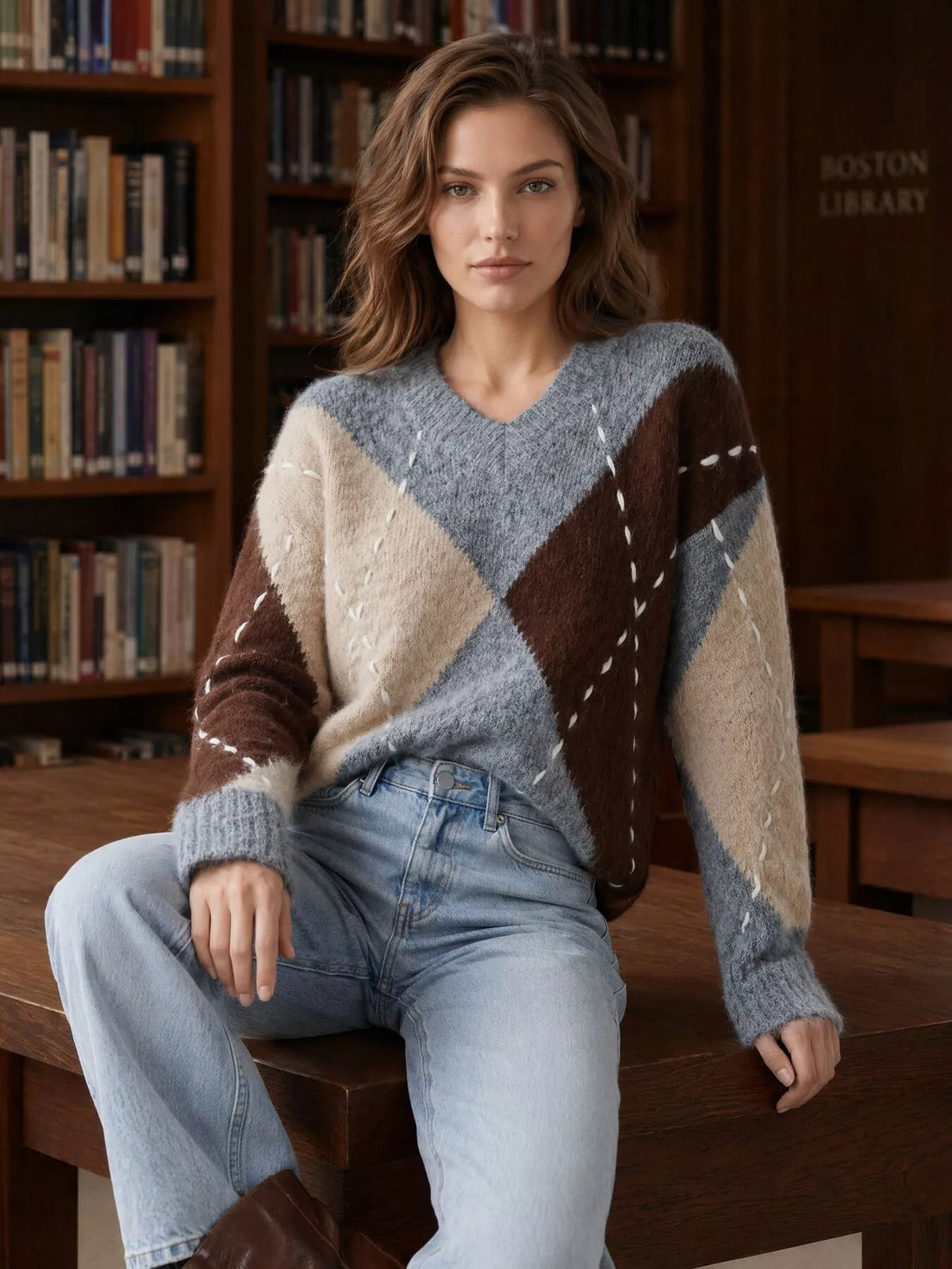 Argyle Pattern V-Neck Oversized Sweater