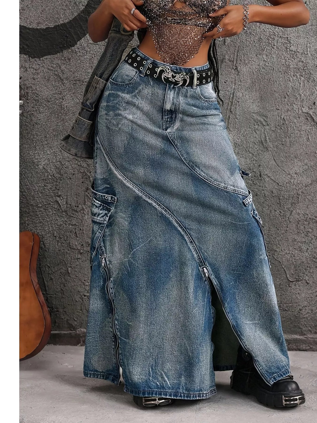 High-Waisted Denim Maxi Skirt with Zipper Slit
