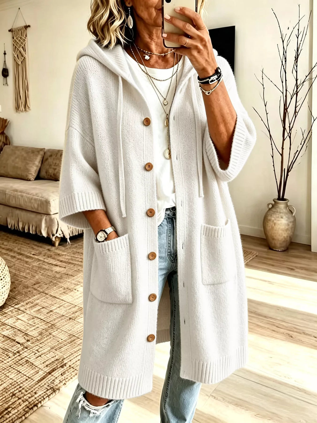 Hooded Button-Down Knit Cardigan with Pockets