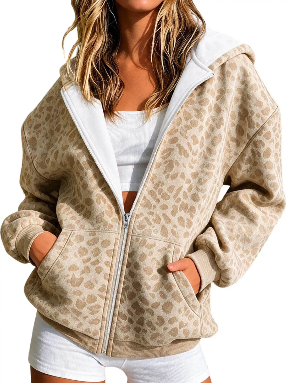 Full Size Leopard Zip Up Hoodie Plus Size