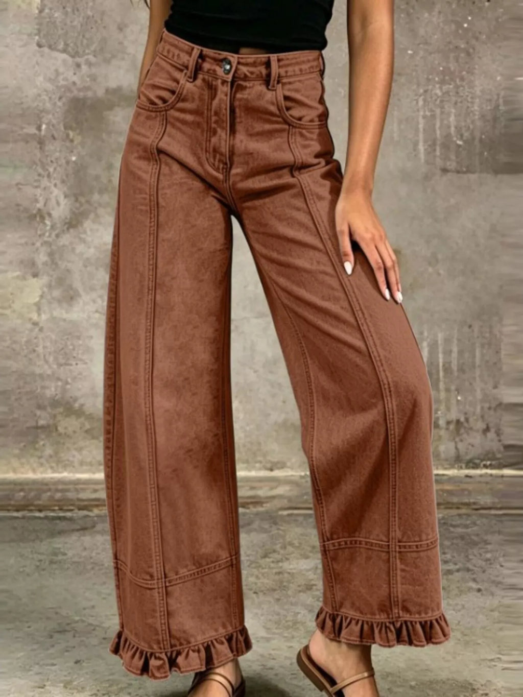 Full Size High-Waisted Wide-Leg Ruffle Hem Jeans Plus Size