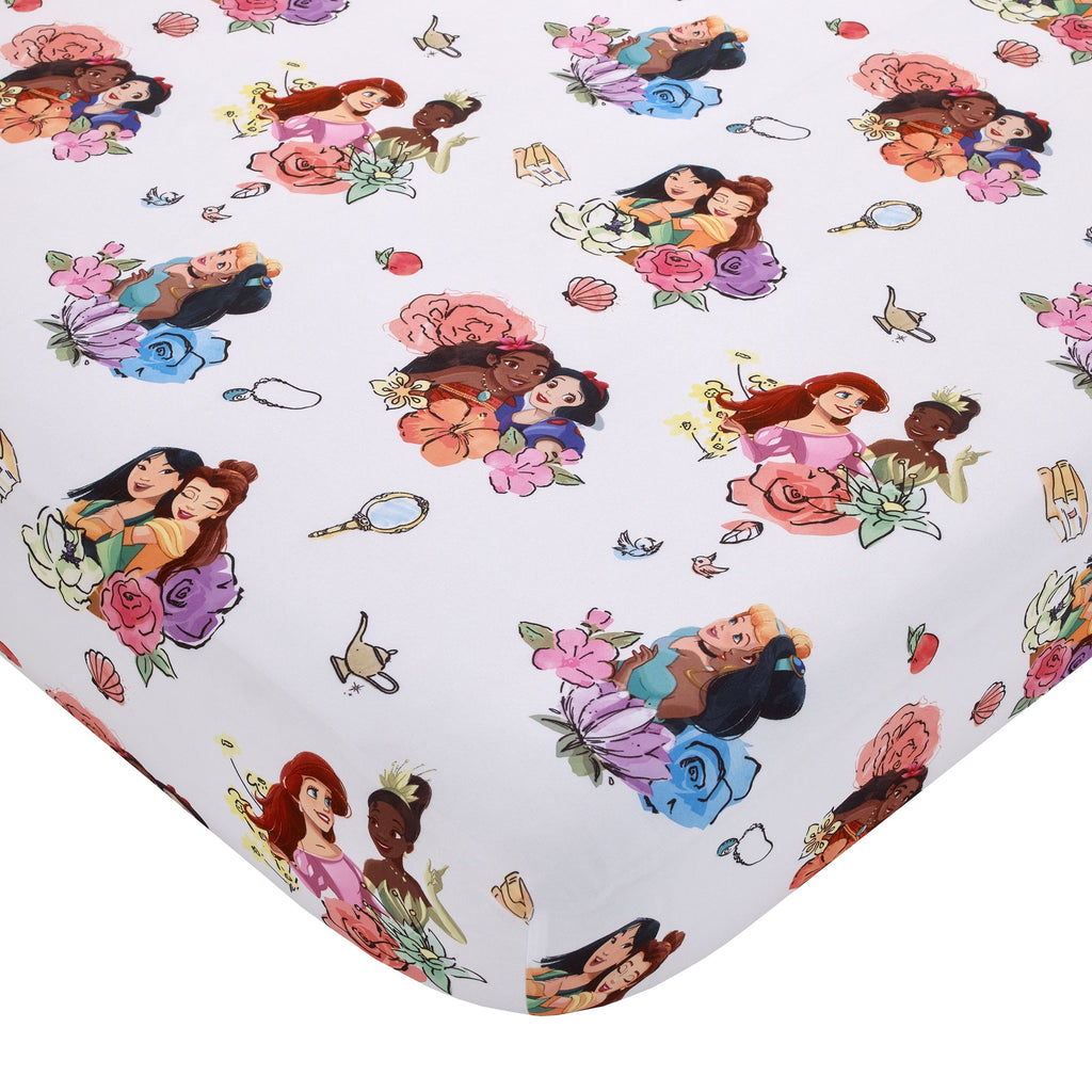 Disney Princesses Courage and Kindness Pink, Blue, and White, Rapunzel, Ariel, Tiana, Moana, Jasmine, Cinderella, Mulan, Belle, and Snow White 4 Piece Toddler Bed Set - Comforter, Fitted Bottom Sheet, Flat Top Sheet, and Reversible Pillowcase