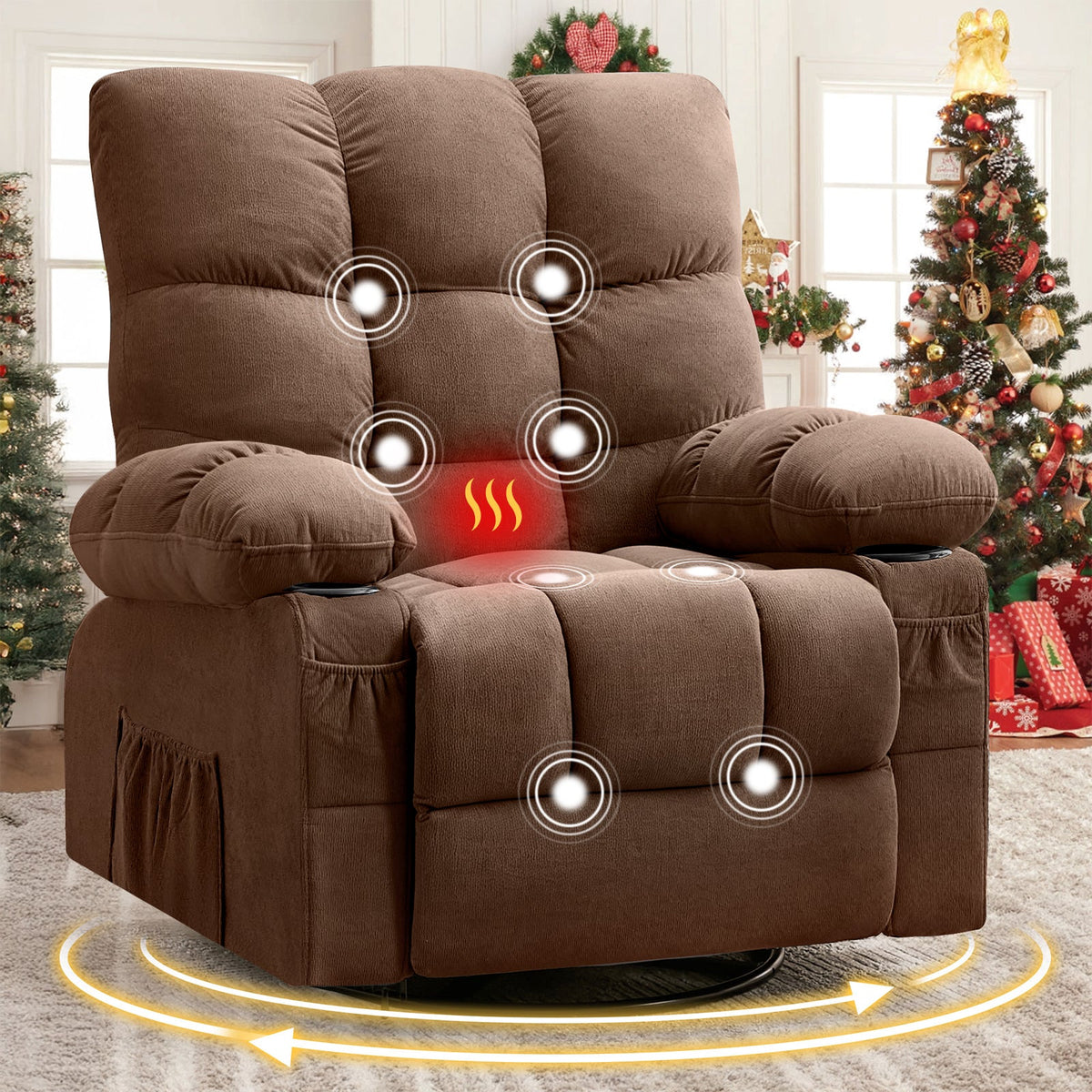 Massage Swivel Recliner Chair with Vibration Massage and Lumbar Heating - Green or Brown
