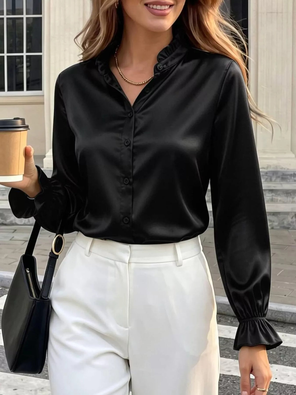 Elegant Button Down Ruffle Trim Satin Shirt