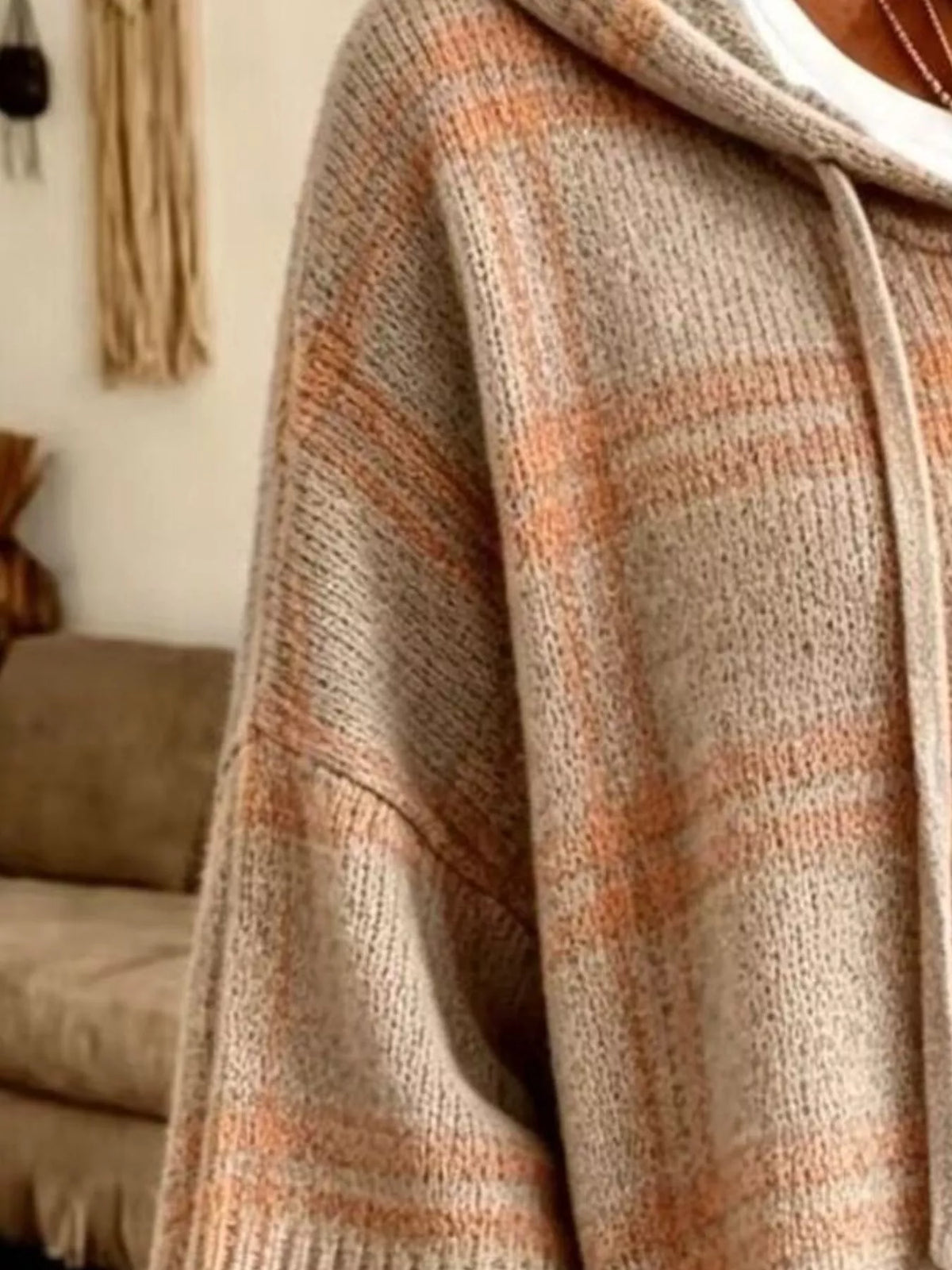 Full Size Drawstring Plaid Hooded Sweater Plus Size