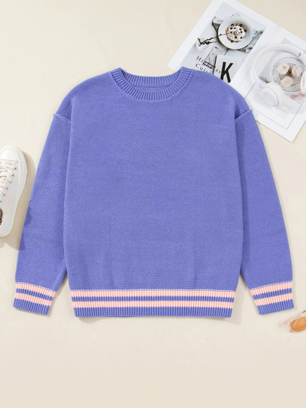 Plus Size Striped Trim Drop Shoulder Knit Loose Sweater