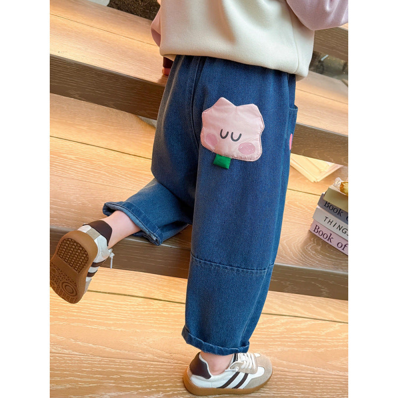 Girls Polyester Fiber Cartoon Pocket Jeans