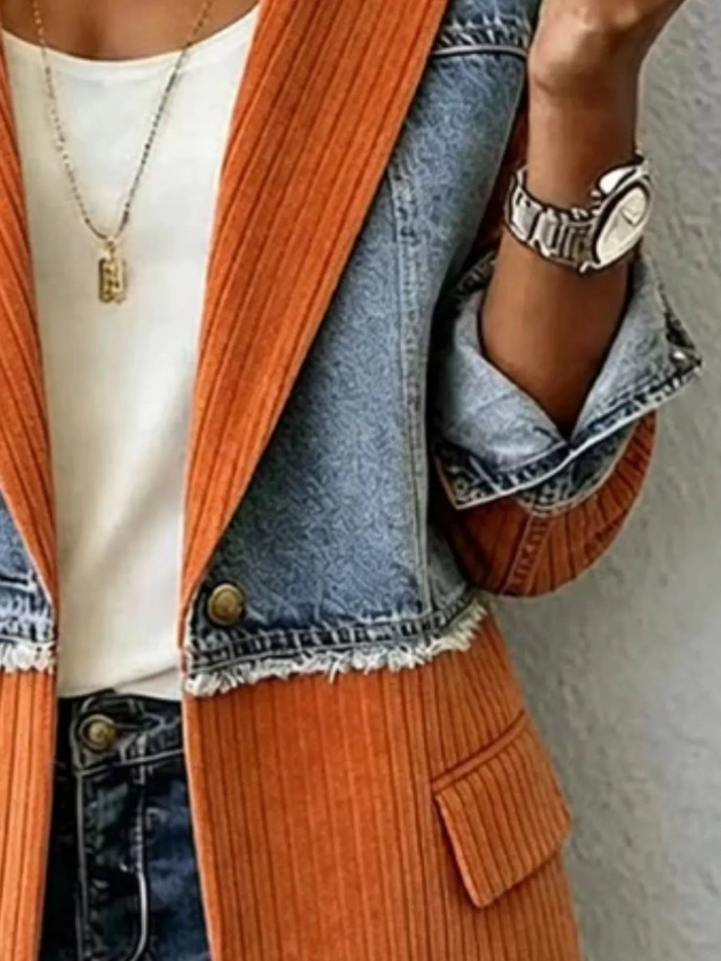 Full Size Patchwork Denim Ribbed Blazer Plus Size