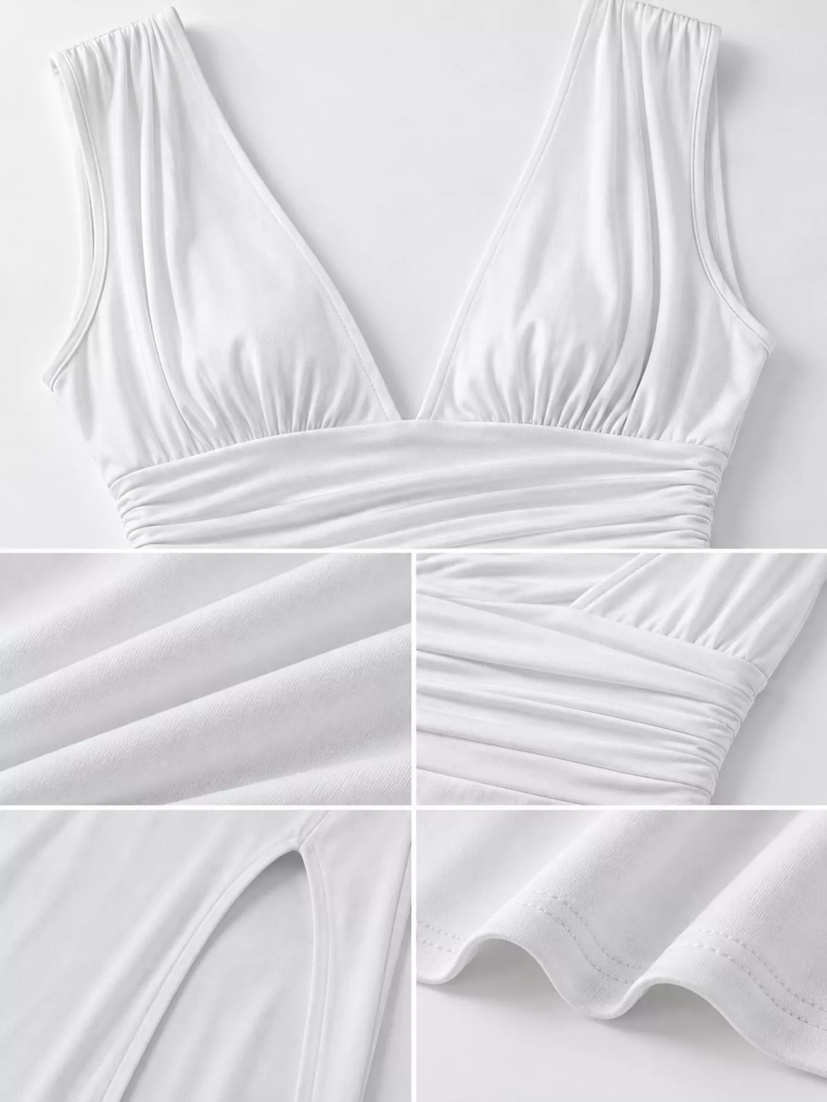 Sleeveless Deep V-Neck Ruched High Slit Bodycon Dress
