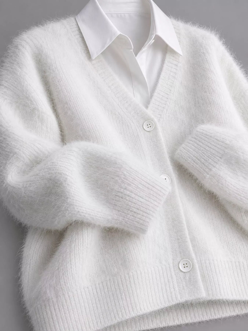 Fuzzy V-Neck Button-Down Cardigan