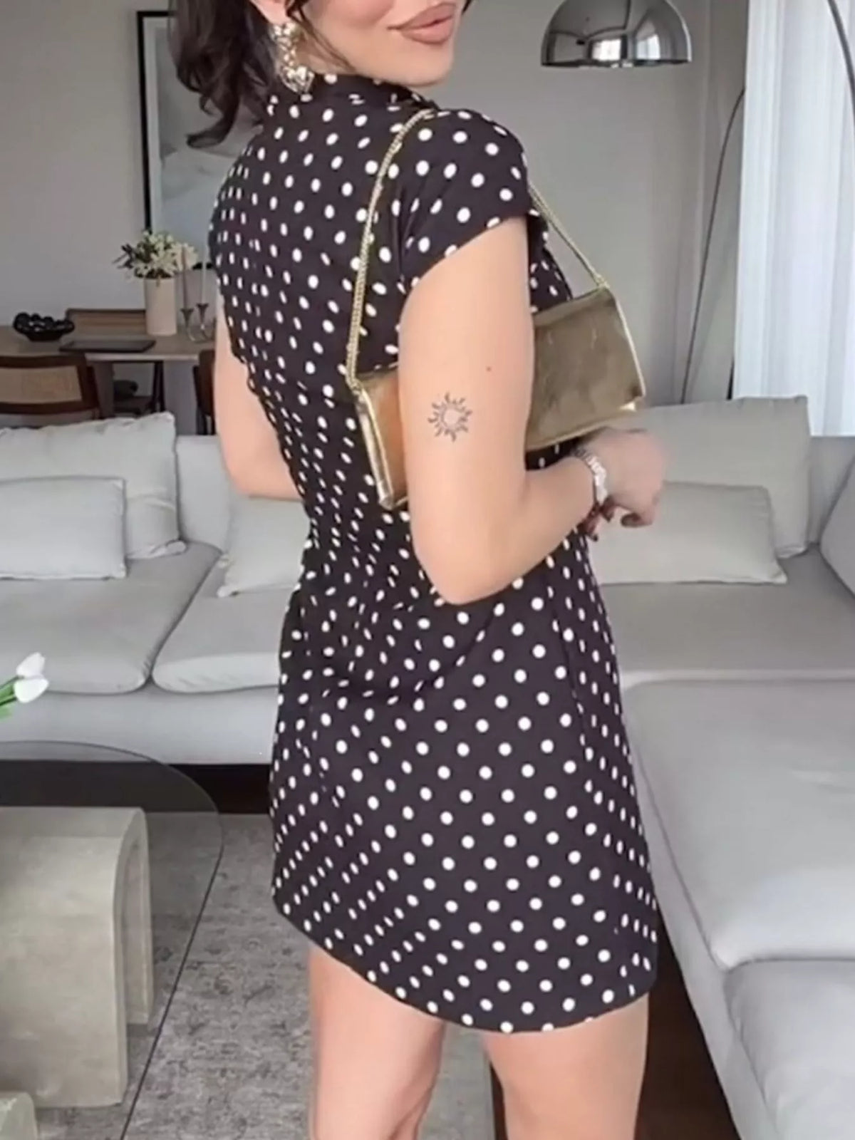 Full Size Polka Dot Tie-Neck Bodycon Mini Dress Plus Size