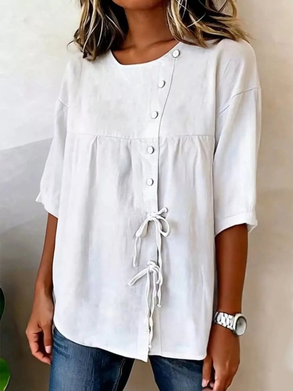 Full Size Decorative Button Tie-Front Blouse Plus Size