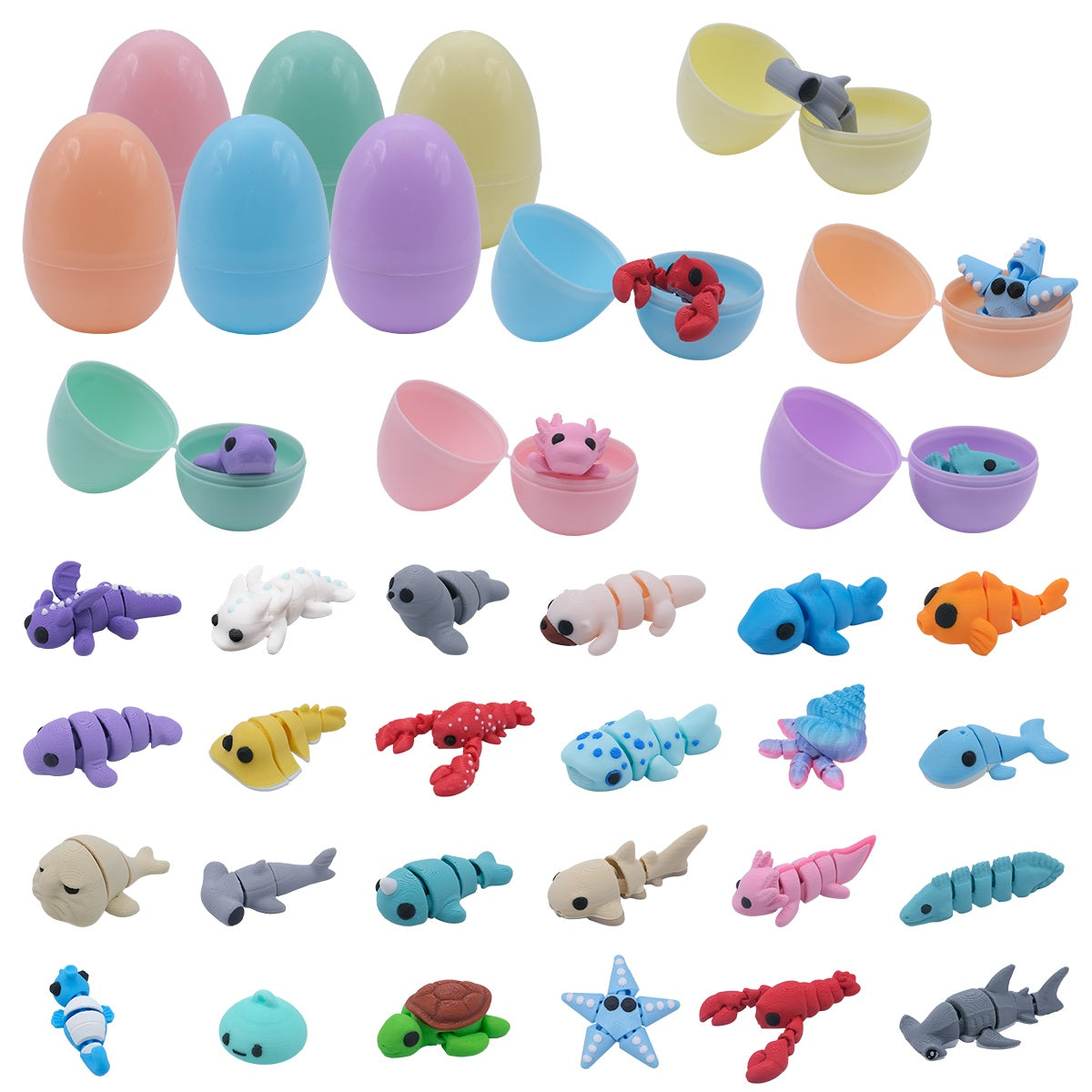 24PCS 3D Printed Mini Ocean Animals With 6 Easter Eggs, Articulated Flexible Sea Creature Figures, Shark Turtle Lobster Starfish Fish Assortment